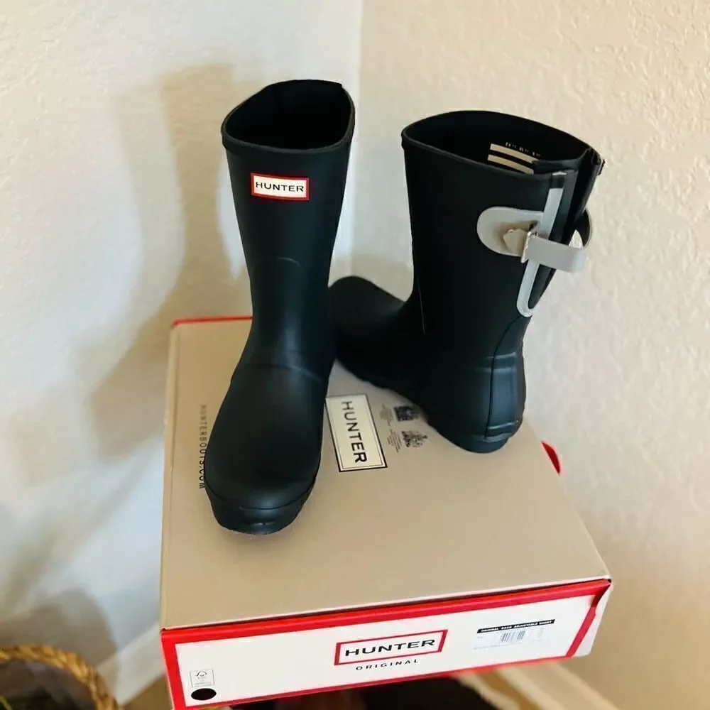 HUNTER Original Short‎ Back Adjustable Rain Boot, BLACK GRAY, Size 9, NWT